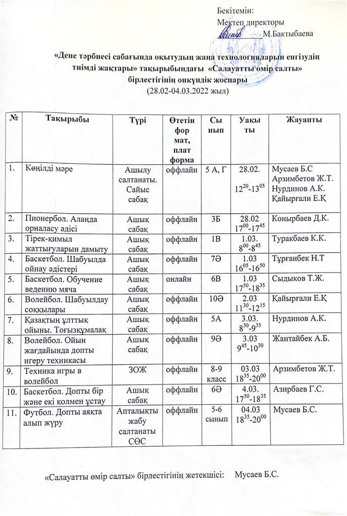 "Салауатты өмір салты" бірлестігінің онкүндік жоспары